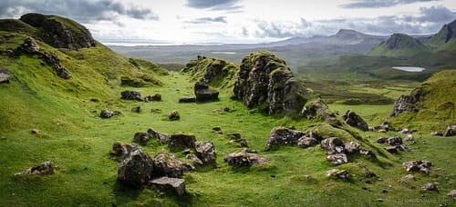 Panorama Shot of Stones and the Quirraing in the Background